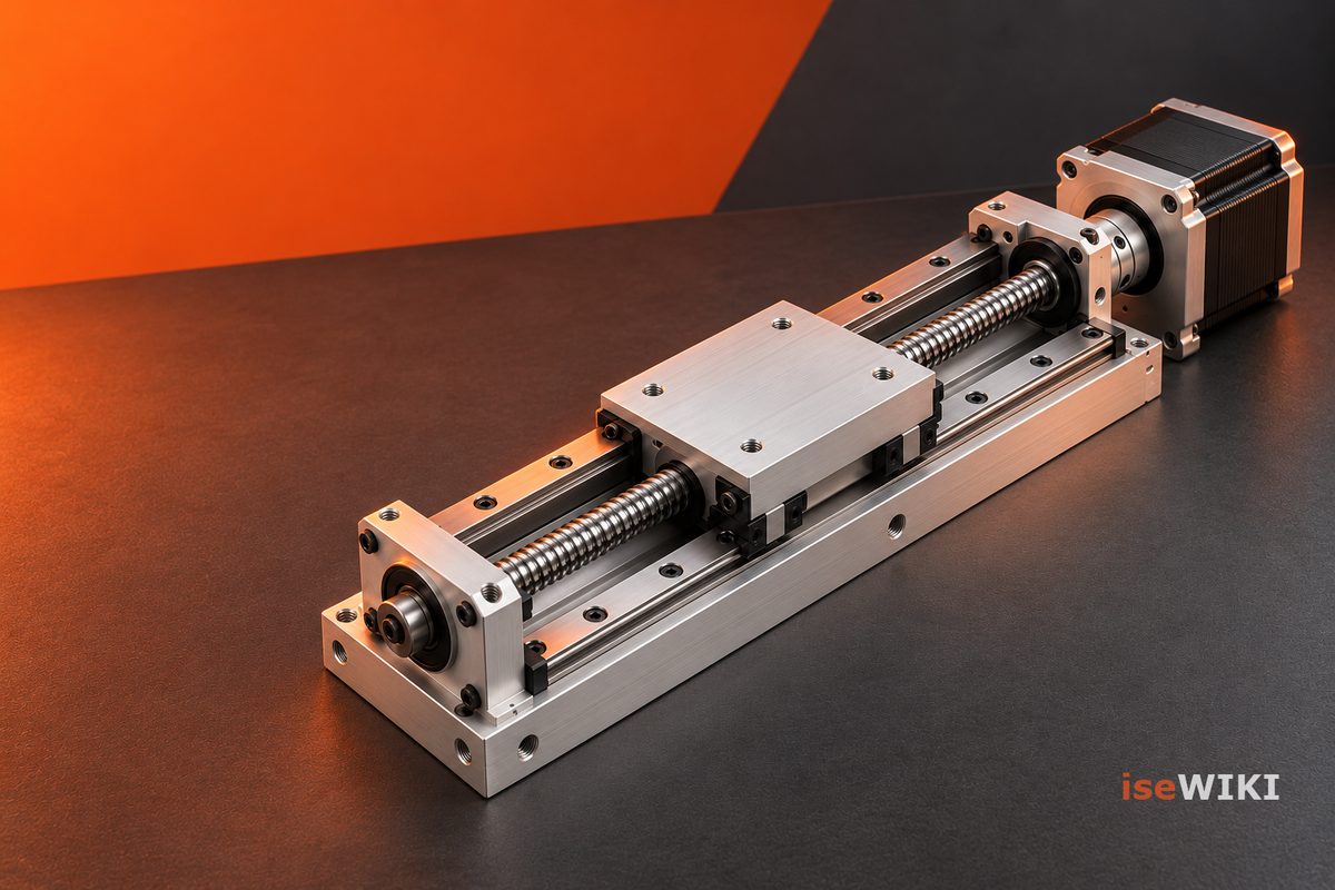 Lineare Positionierachse mit zwei Führungen, zentraler Spindel und Schrittmotor im orangefarbenen Studiolicht.