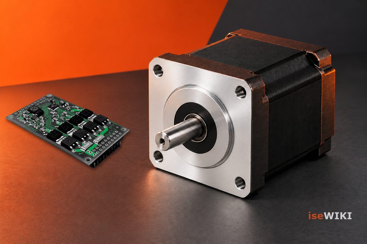 Schrittmotor neben einer originalen iseSTEP-Endstufe vor orangefarbenem und dunklem Studiohintergrund.