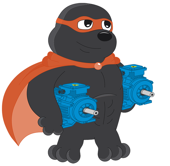Der iseMOLE, das Maskottchen der isepos GmbH, hält zwei blaue Schrittmotoren in seinen Händen