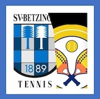 Logo des TSV Betzingen Tennis mit blauen und gelben Elementen und Tennis-Symbolen.