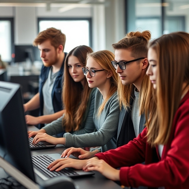 Fünf Studierende sitzen an Computern und arbeiten an Tastaturen in einem modernen Raum.