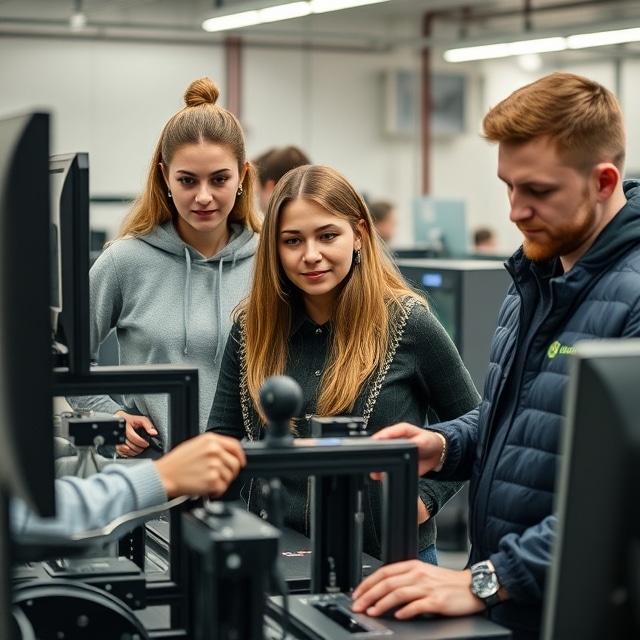 Drei Studierende in einem Labor, die an technischen Geräten arbeiten und sich austauschen.