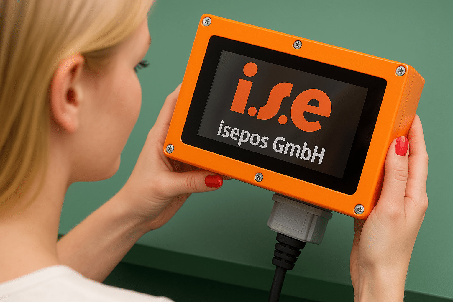 Eine Person hält eine orangefarbene iseBOX mit dem Logo der isepos GmbH in den Händen.