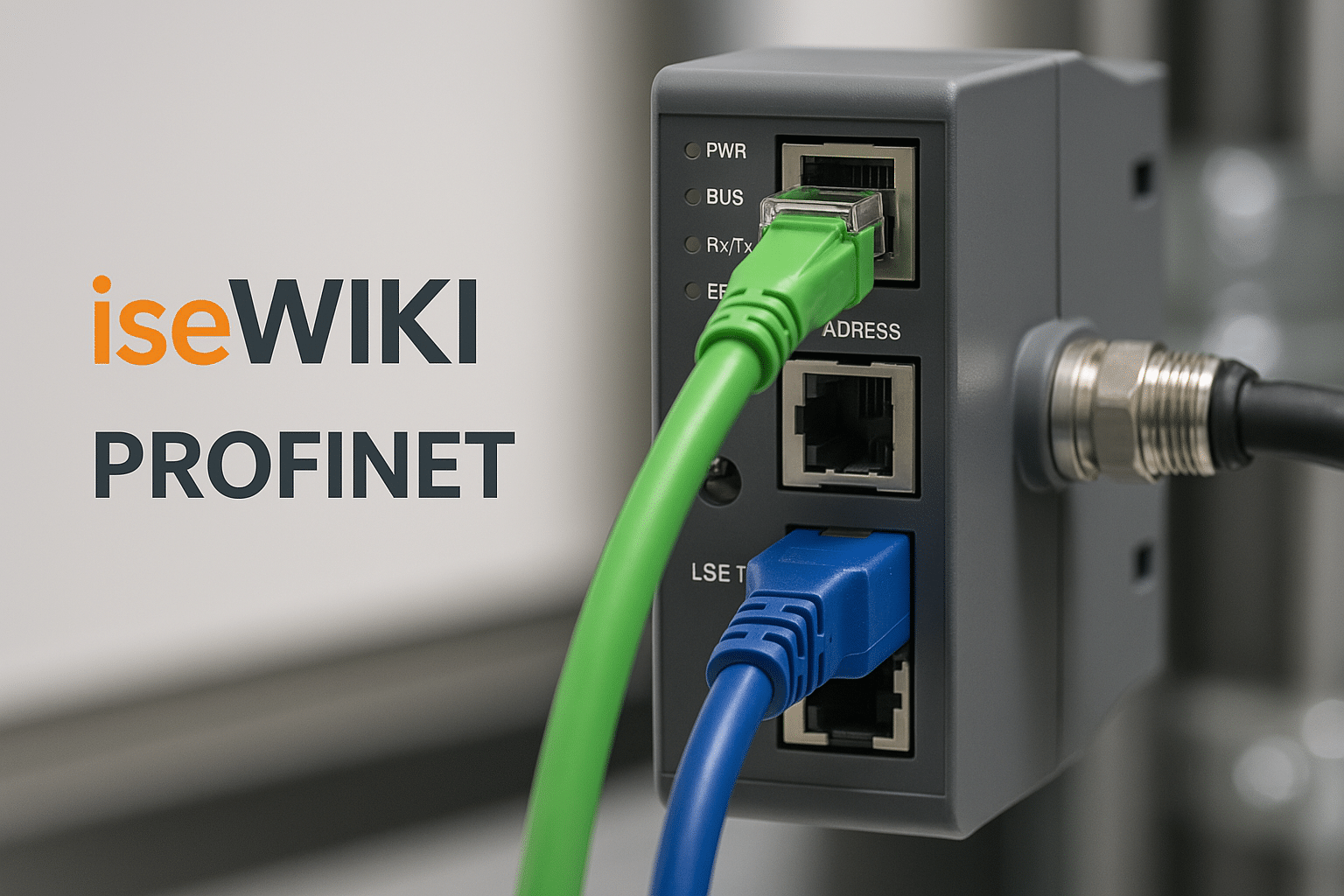 Ein PROFINET Netzwerkgerät mit grünen und blauen Kabelanschlüssen sowie Statusanzeigen.