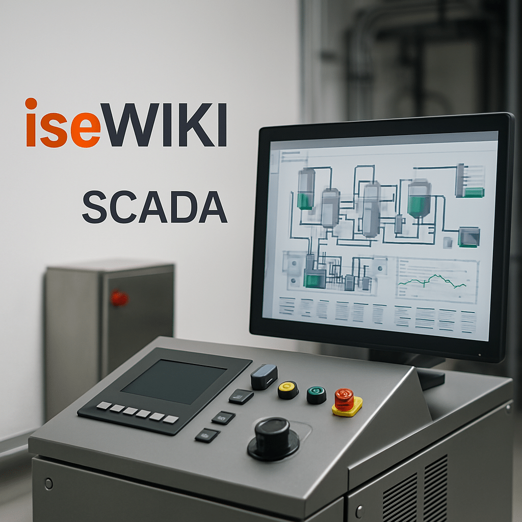 SCADA-System mit Monitor, der ein Diagramm und Steuerungselemente zeigt.